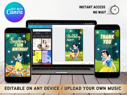 Snow White Birthday Invitation Digital Video Invite Princess Snow White Party Custom Animated Birthday Invitation, Instant Download