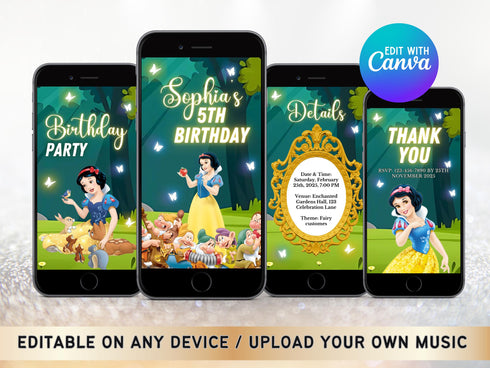 Snow White Birthday Invitation Digital Video Invite Princess Snow White Party Custom Animated Birthday Invitation, Instant Download