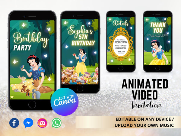 Snow White Birthday Invitation Digital Video Invite Princess Snow White Party Custom Animated Birthday Invitation, Instant Download