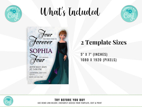 Watercolor Frozen Birthday Invitation Template, Princess Birthday Girl Invite, Instant Download, Digital Birthday Party Invite for Girl
