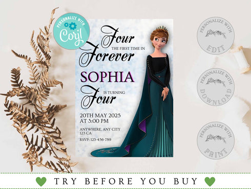 Watercolor Frozen Birthday Invitation Template, Princess Birthday Girl Invite, Instant Download, Digital Birthday Party Invite for Girl