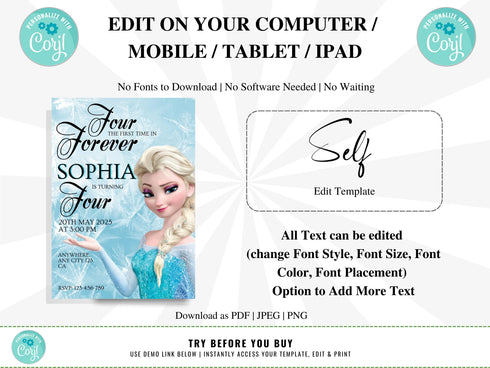 Editable Frozen Invitation, Frozen Birthday Invitation, Printable Birthday Party Invitations, Princess Party Invite Template, Frozen Invite