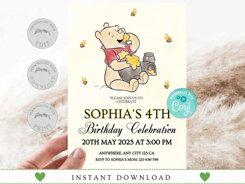 Winnie the Pooh Invitation, Winnie the Pooh Birthday Party Invite, Winnie the Pooh Birthday Party Theme, Pooh Bear Theme Party, Corjl
