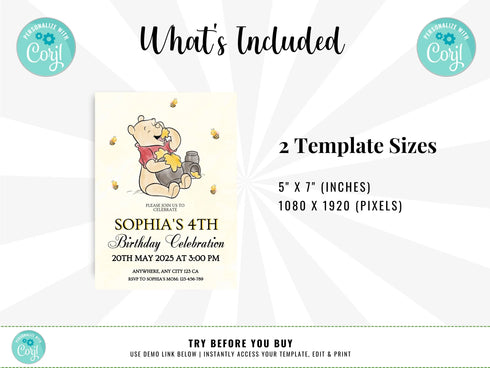 Winnie the Pooh Invitation, Winnie the Pooh Birthday Party Invite, Winnie the Pooh Birthday Party Theme, Pooh Bear Theme Party, Corjl