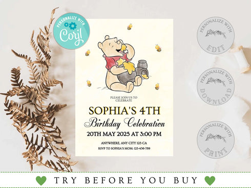 Winnie the Pooh Invitation, Winnie the Pooh Birthday Party Invite, Winnie the Pooh Birthday Party Theme, Pooh Bear Theme Party, Corjl