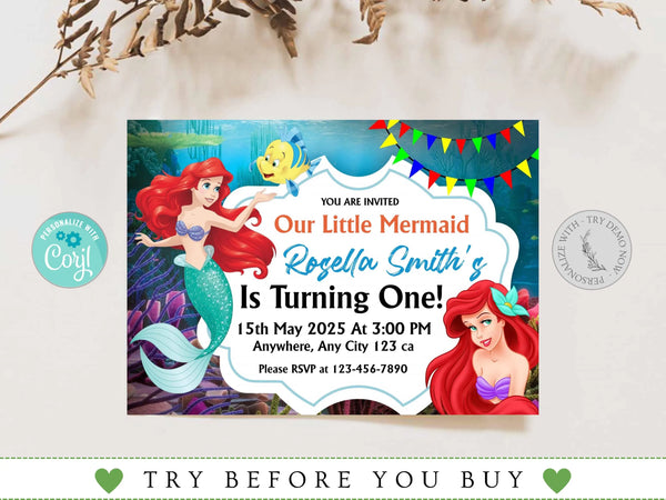 Little Mermaid Ariel Birthday Invitation, Little Mermaid Invite Party Invite Card, Invite Party Mermaid Princess, Instant Download