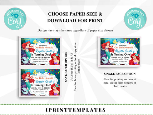Little Mermaid Ariel Birthday Invitation, Little Mermaid Invite Party Invite Card, Invite Party Mermaid Princess, Instant Download