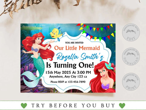 Little Mermaid Ariel Birthday Invitation, Little Mermaid Invite Party Invite Card, Invite Party Mermaid Princess, Instant Download