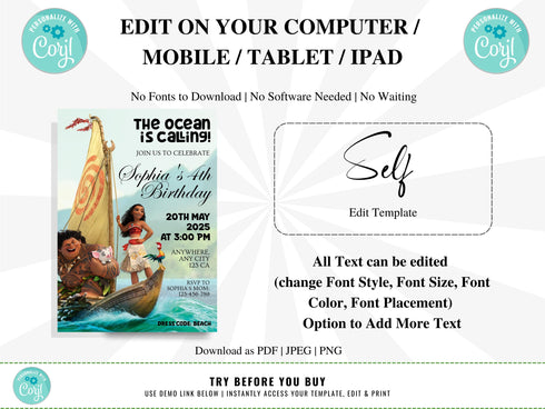 Editable Moana Birthday Invitation, Printable Baby Moana Birthday Invite, Kids Party Template, Invite in Corjl, Instant Download