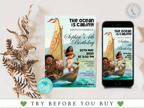 Editable Moana Birthday Invitation, Printable Baby Moana Birthday Invite, Kids Party Template, Invite in Corjl, Instant Download