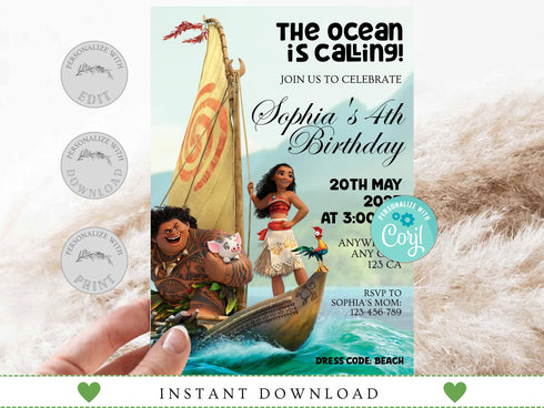 Editable Moana Birthday Invitation, Printable Baby Moana Birthday Invite, Kids Party Template, Invite in Corjl, Instant Download