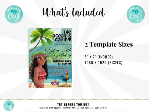 Editable Moana Birthday Invitation, Printable Baby Moana Birthday Invite, Kids Party Template, Invite in Corjl, Instant Download