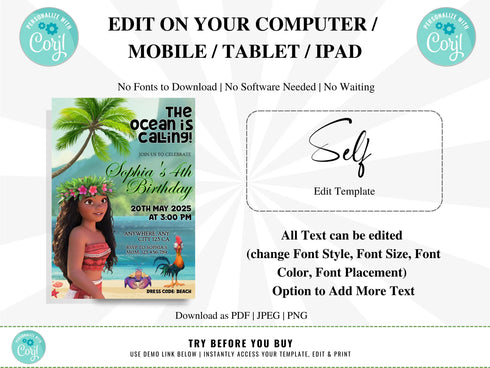 Editable Moana Birthday Invitation, Printable Baby Moana Birthday Invite, Kids Party Template, Invite in Corjl, Instant Download