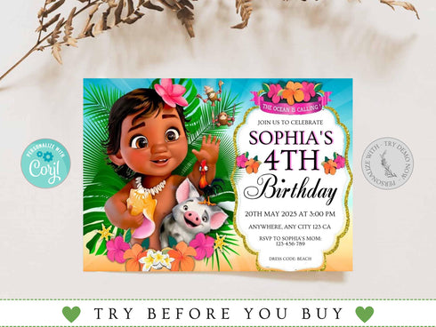 Editable Baby Moana Birthday Invitation, Summer Birthday Invitation, Printable Invitation for Girl Birthday, Corjl Template Birthday Invite