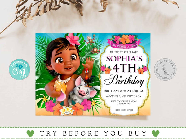 Editable Baby Moana Birthday Invitation, Summer Birthday Invitation, Printable Invitation for Girl Birthday, Corjl Template Birthday Invite