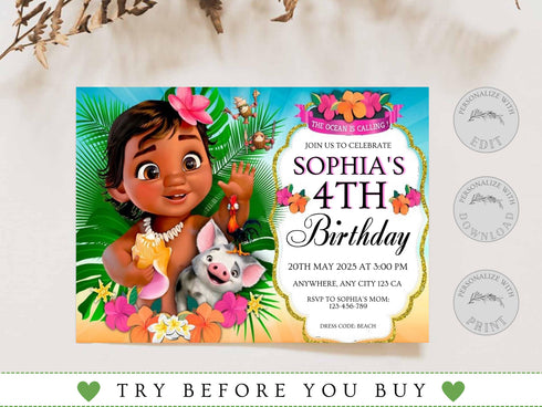 Editable Baby Moana Birthday Invitation, Summer Birthday Invitation, Printable Invitation for Girl Birthday, Corjl Template Birthday Invite