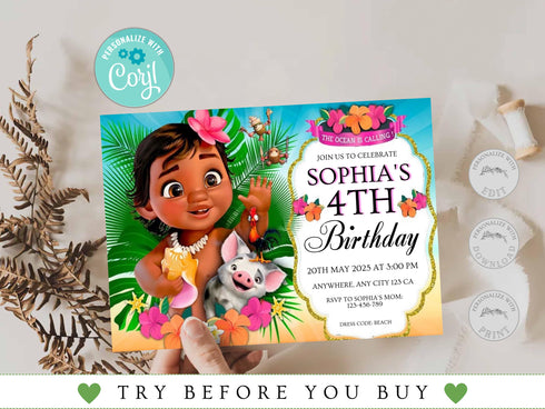 Editable Baby Moana Birthday Invitation, Summer Birthday Invitation, Printable Invitation for Girl Birthday, Corjl Template Birthday Invite