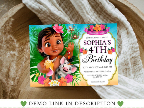 Editable Baby Moana Birthday Invitation, Summer Birthday Invitation, Printable Invitation for Girl Birthday, Corjl Template Birthday Invite
