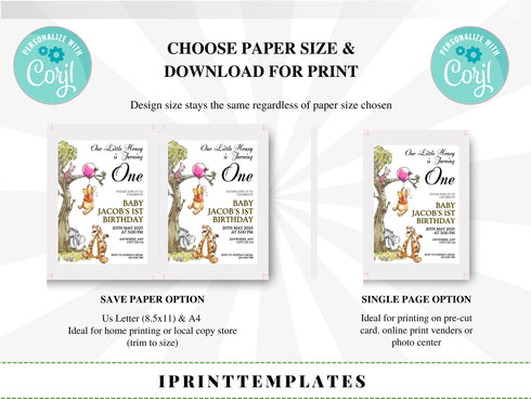 Editable Winnie the Pooh Birthday Invitation, Classic Pooh Bear Invitation, Winnie Pooh Birthday Party Invite for Any Age and Any Gender