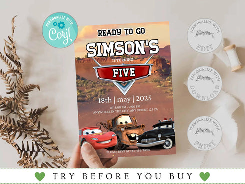Cars Birthday Party Invitation, Cars Lightning Birthday Invite, Cars Birthday Party Invitation, Boy 5th Birthday Party Invite, Corjl