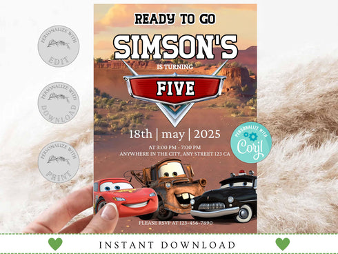 Cars Birthday Party Invitation, Cars Lightning Birthday Invite, Cars Birthday Party Invitation, Boy 5th Birthday Party Invite, Corjl