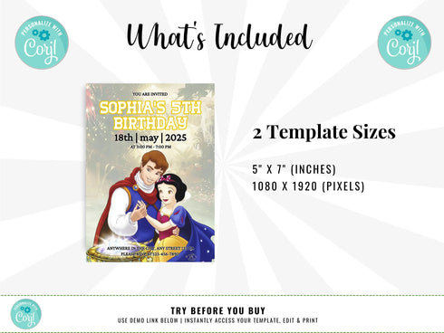 Snow White Birthday Invitation, Princess Birthday Invitation, Instant Download, Princess Snow White Invitation, Snow White Party, Corjl