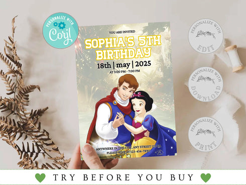 Snow White Birthday Invitation, Princess Birthday Invitation, Instant Download, Princess Snow White Invitation, Snow White Party, Corjl