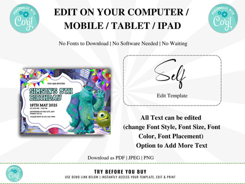 Editable Monster Birthday Invitation, Monster Birthday Party Invitation, Boy Birthday Party, Boys Monster, Monster Invite, Boys Party