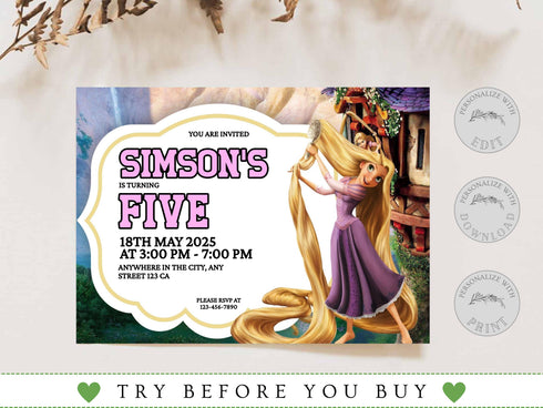 Tangled Birthday Invitation, Princess Birthday Invitation, Diy Birthday Invites Girl, Rapunzel Editable Invitation, Princess Invites