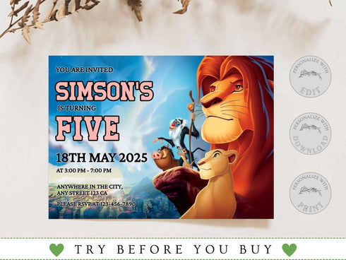 Lion King Birthday Invitation Editable Template, Printable Lion King Kids Party Invite, Personalized Lion King Theme Birthday Party