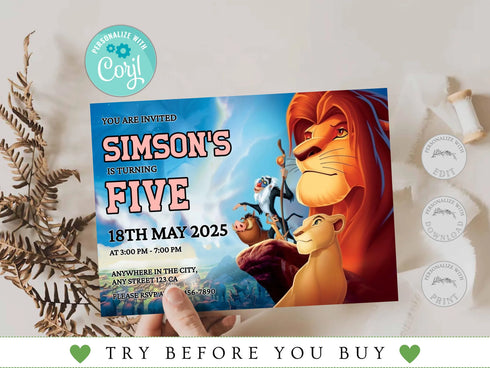 Lion King Birthday Invitation Editable Template, Printable Lion King Kids Party Invite, Personalized Lion King Theme Birthday Party