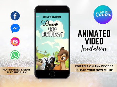 Bambi Birthday Video Invitation, Bambi Kids Birthday Party Digital Invitation, Bambi Theme Birthday Party Digital Invite