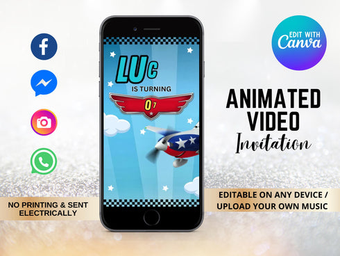 Editable Airplane Birthday Video Animated Invitation, Airplane Party Video Invitation, Pilot Birthday Invitation, Airplane Phone Invite