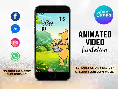 Winnie the Pooh Invitation, Winnie the Pooh Birthday Invitation Video, Winnie the Pooh Digital Invitation, Boy Girl Digital Invitation