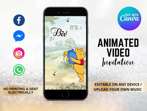 Winnie the Pooh Invitation, Winnie the Pooh Birthday Invitation Video, Winnie the Pooh Digital Invitation, Boy Girl Digital Invitation