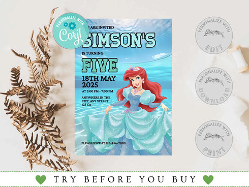 Editable Mermaid Ariel Birthday Invitation, Little Mermaid Invite Party Invite Card, Princess Mermaid Party Invite, Instant Download