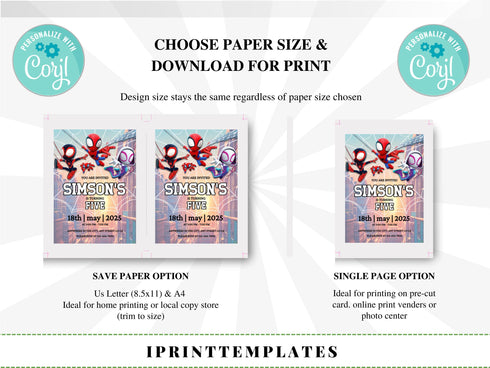 Spider Man Invitation, Spider-Man Boys Birthday Party Digital Invitation, Kids Birthday Card, Digital Download, Editable Template