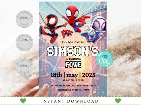 Spider Man Invitation, Spider-Man Boys Birthday Party Digital Invitation, Kids Birthday Card, Digital Download, Editable Template