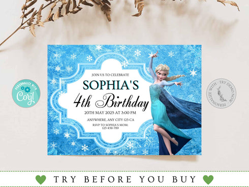 Frozen Birthday Invitation, Editable Frozen Party Invitation, Winter Snow Birthday Printable Editable Instant Download, Corjl Template