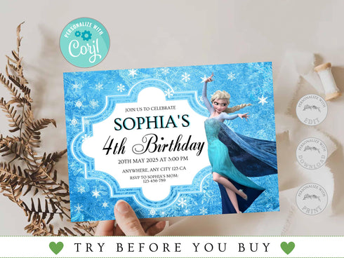 Frozen Birthday Invitation, Editable Frozen Party Invitation, Winter Snow Birthday Printable Editable Instant Download, Corjl Template