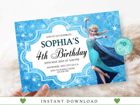 Frozen Birthday Invitation, Editable Frozen Party Invitation, Winter Snow Birthday Printable Editable Instant Download, Corjl Template