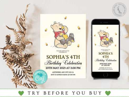 Winnie the Pooh Invitation, Winnie the Pooh Birthday Party Invite, Winnie the Pooh Birthday Party Theme, Pooh Bear Theme Party, Corjl