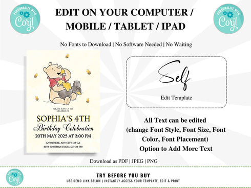 Winnie the Pooh Invitation, Winnie the Pooh Birthday Party Invite, Winnie the Pooh Birthday Party Theme, Pooh Bear Theme Party, Corjl