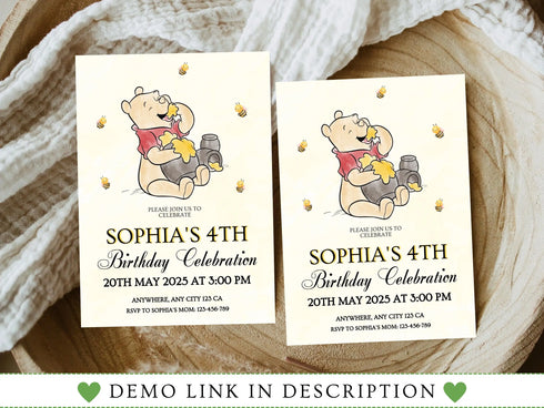 Winnie the Pooh Invitation, Winnie the Pooh Birthday Party Invite, Winnie the Pooh Birthday Party Theme, Pooh Bear Theme Party, Corjl