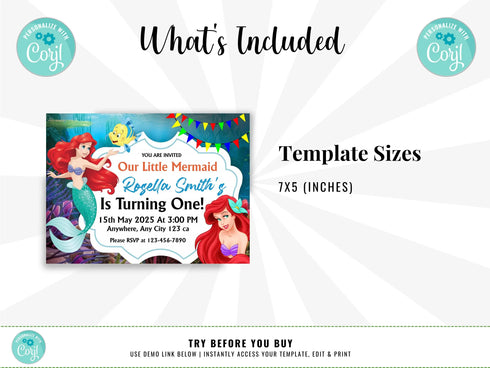 Little Mermaid Ariel Birthday Invitation, Little Mermaid Invite Party Invite Card, Invite Party Mermaid Princess, Instant Download