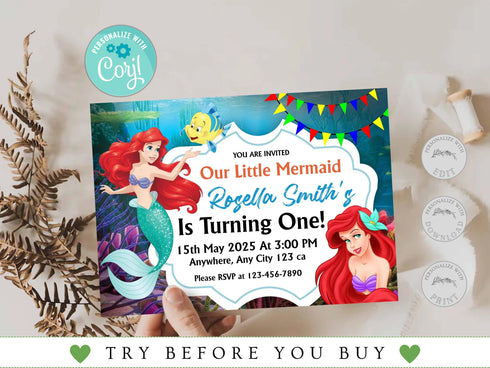 Little Mermaid Ariel Birthday Invitation, Little Mermaid Invite Party Invite Card, Invite Party Mermaid Princess, Instant Download