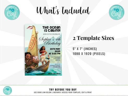 Editable Moana Birthday Invitation, Printable Baby Moana Birthday Invite, Kids Party Template, Invite in Corjl, Instant Download