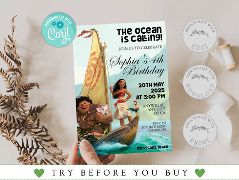 Editable Moana Birthday Invitation, Printable Baby Moana Birthday Invite, Kids Party Template, Invite in Corjl, Instant Download