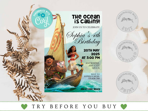 Editable Moana Birthday Invitation, Printable Baby Moana Birthday Invite, Kids Party Template, Invite in Corjl, Instant Download