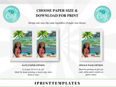 Editable Moana Birthday Invitation, Printable Baby Moana Birthday Invite, Kids Party Template, Invite in Corjl, Instant Download